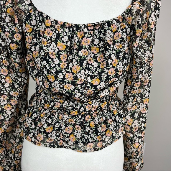 LUSH LONG SLEEVE BLACK FLORAL BLOUSE TIE NECK SMOCKED WAIST SIZE SMALL PETITE - Picture 14 of 16